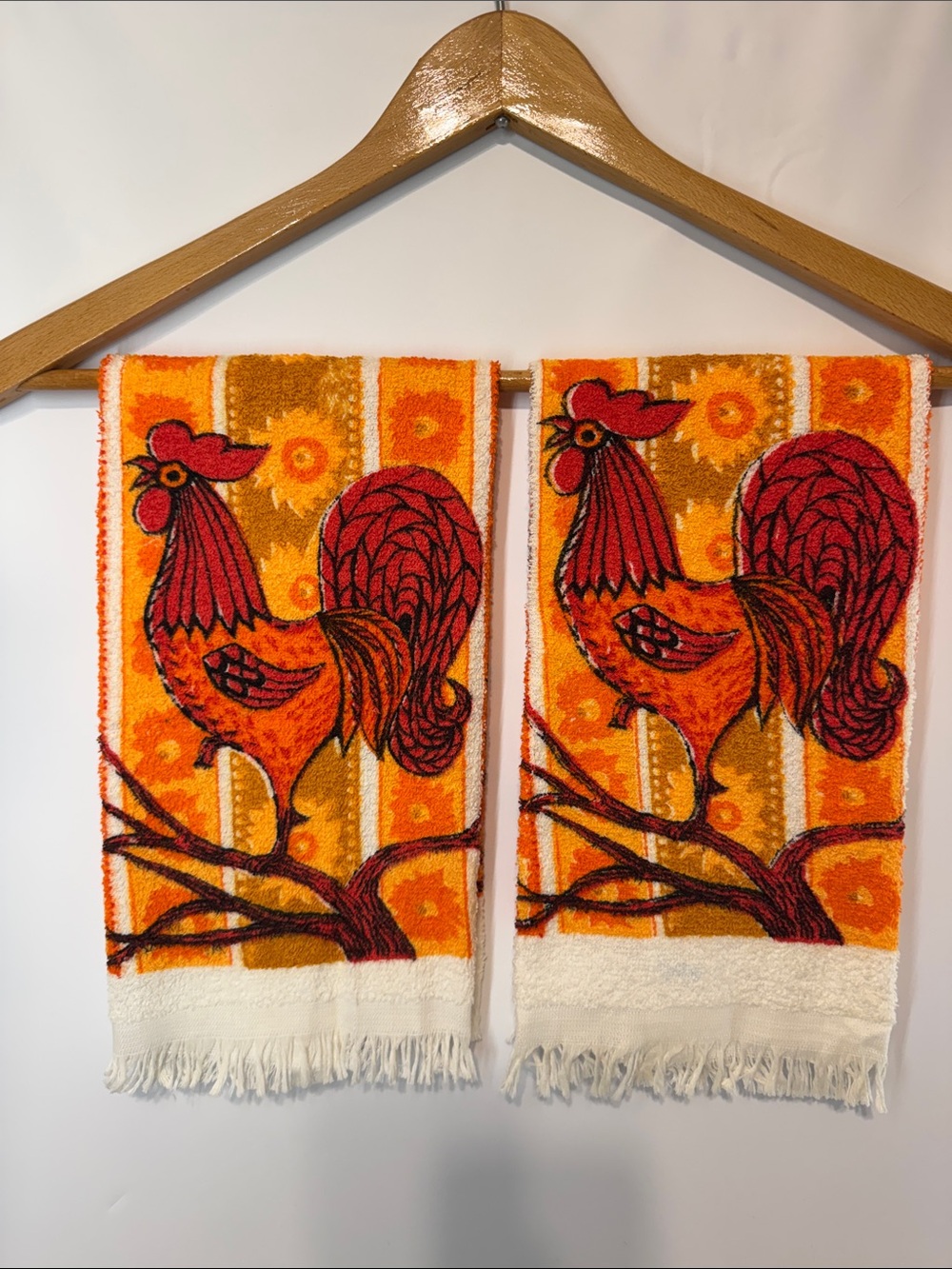Vintage 70s Cannon Rooster Sunflower Kitchen Hand Towels Fringe Set of 2 MCM USA